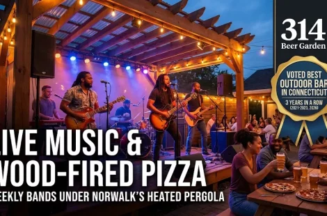 Award-winning live music venue with wood-fired pizza in Norwalk CT - 314 Beer Garden featuring a local band under the heated outdoor pergola and the 'CT Best Outdoor Bar' award.