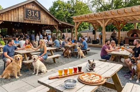 Happy guests enjoying craft beer flights and wood-fired pizza at spacious outdoor picnic tables with their leashed dogs at 314 Beer Garden in Norwalk CT a dog-friendly beer garden Norwalk CT