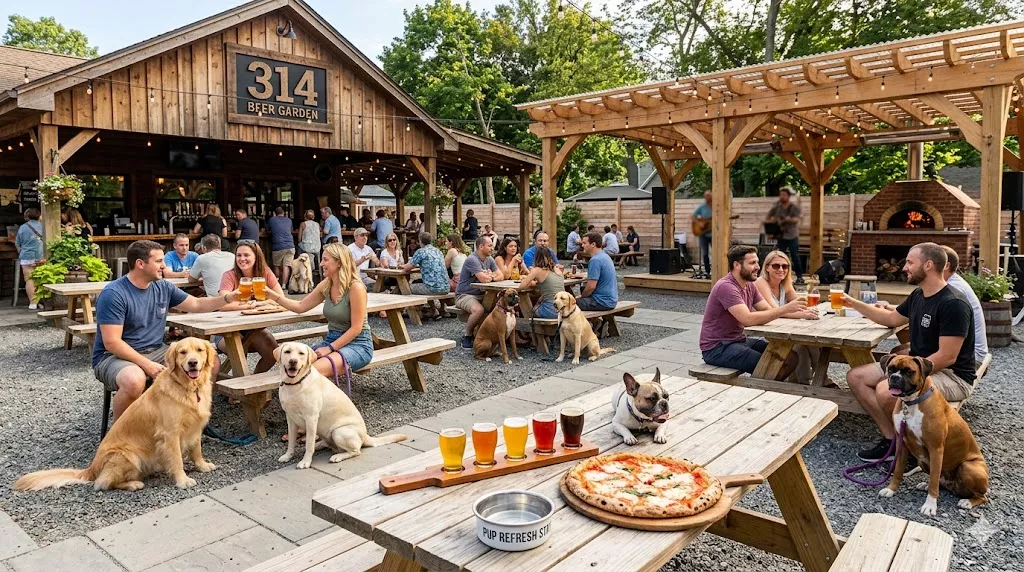 Happy guests enjoying craft beer flights and wood-fired pizza at spacious outdoor picnic tables with their leashed dogs at 314 Beer Garden in Norwalk CT a dog-friendly beer garden Norwalk CT