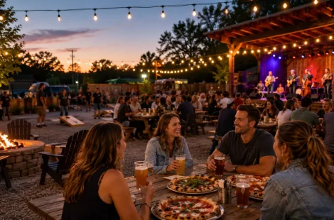 Guests enjoying craft beer, wood-fired pizza, live music, and outdoor seating at 314 Beer Garden in Norwalk, Connecticut.