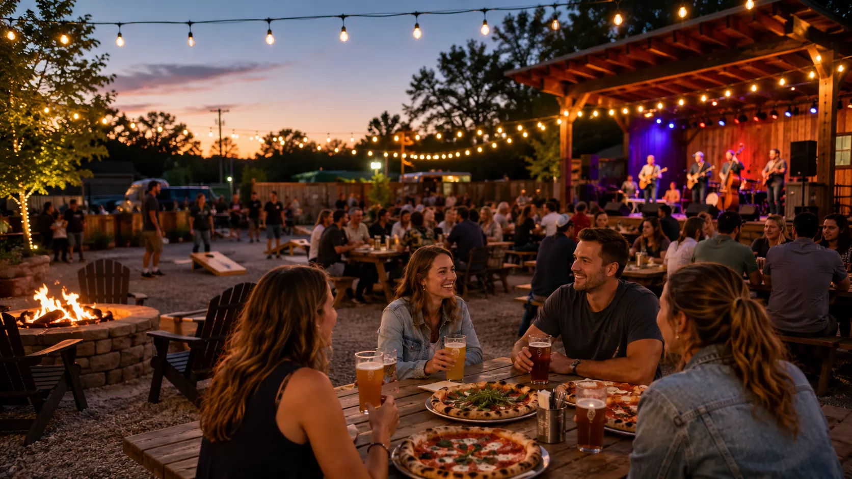 Guests enjoying craft beer, wood-fired pizza, live music, and outdoor seating at 314 Beer Garden in Norwalk, Connecticut.