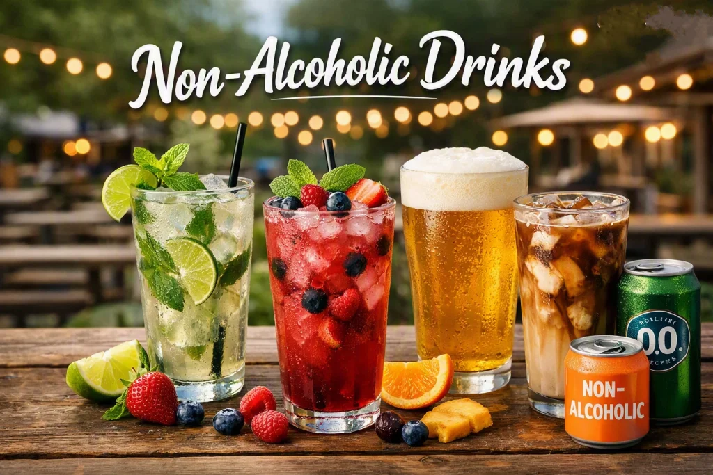 Refreshing non‑alcoholic drinks on a rustic wooden table at 314 Beer Garden in Norwalk CT, featuring a mojito mocktail, berry spritzer, non‑alcoholic beer, and iced coffee with fruit and greenery in the background