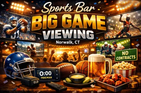 Header image for Sports Bar Big Game Viewing in Norwalk, CT showing football helmet, beer mug, wings, popcorn, and cheering fans watching multiple sports screens under bright stadium lights
