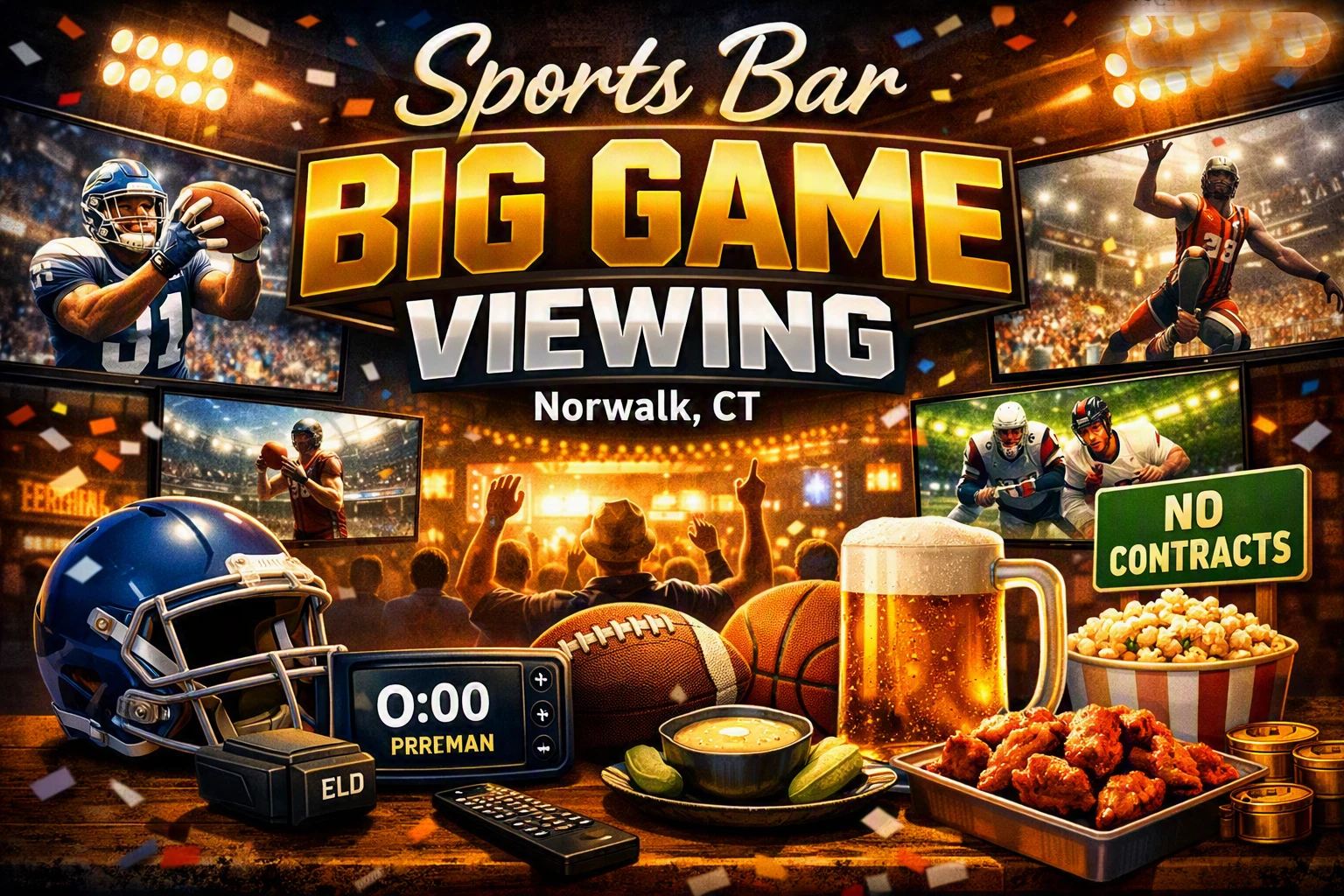 Header image for Sports Bar Big Game Viewing in Norwalk, CT showing football helmet, beer mug, wings, popcorn, and cheering fans watching multiple sports screens under bright stadium lights