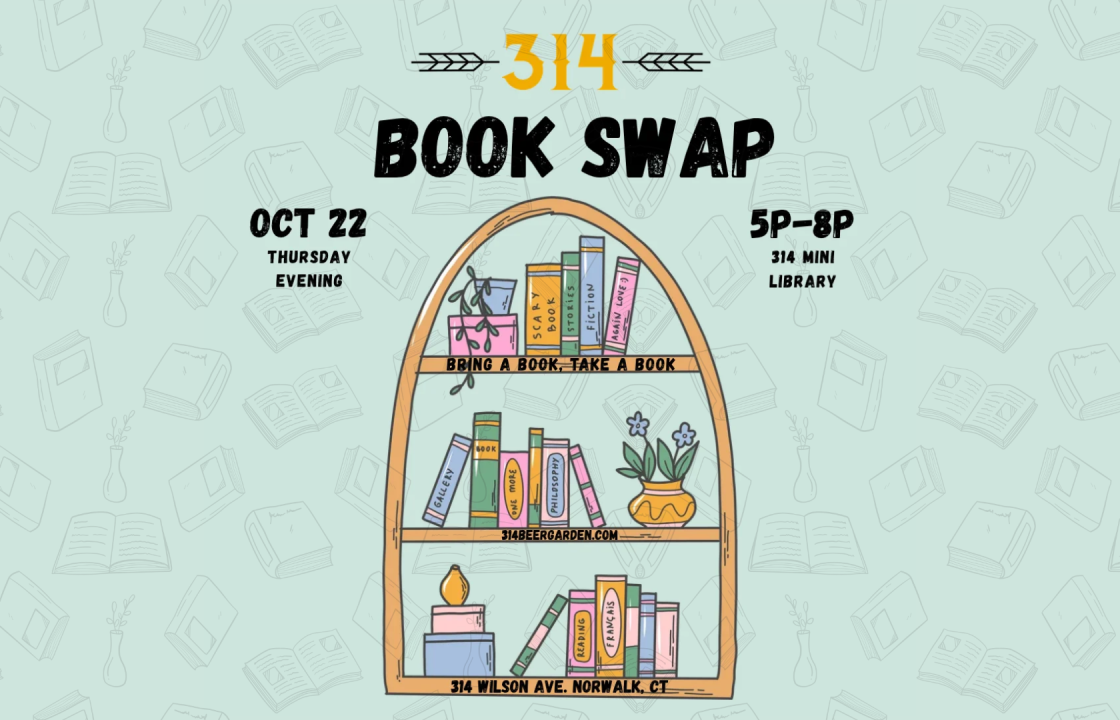 314 Book Swap flyer: bring a book, take a book at the 314 mini library, Thursday October 22, 5–8 PM