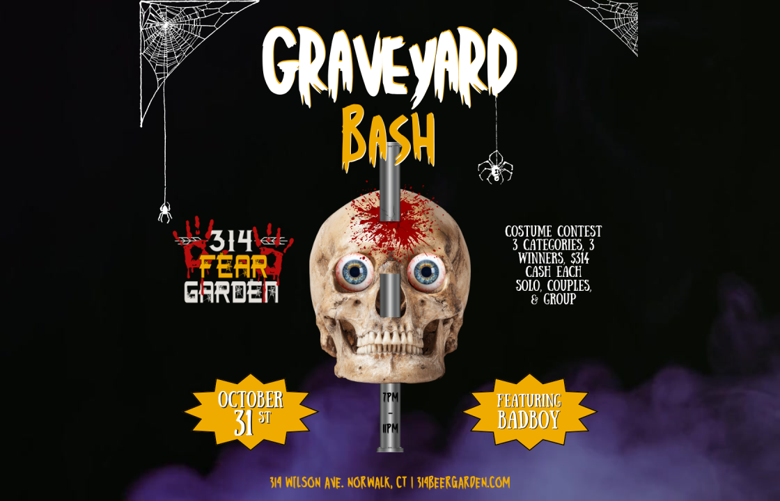 Graveyard Bash flyer with a skull, costume contest at 314 Fear Garden on October 31