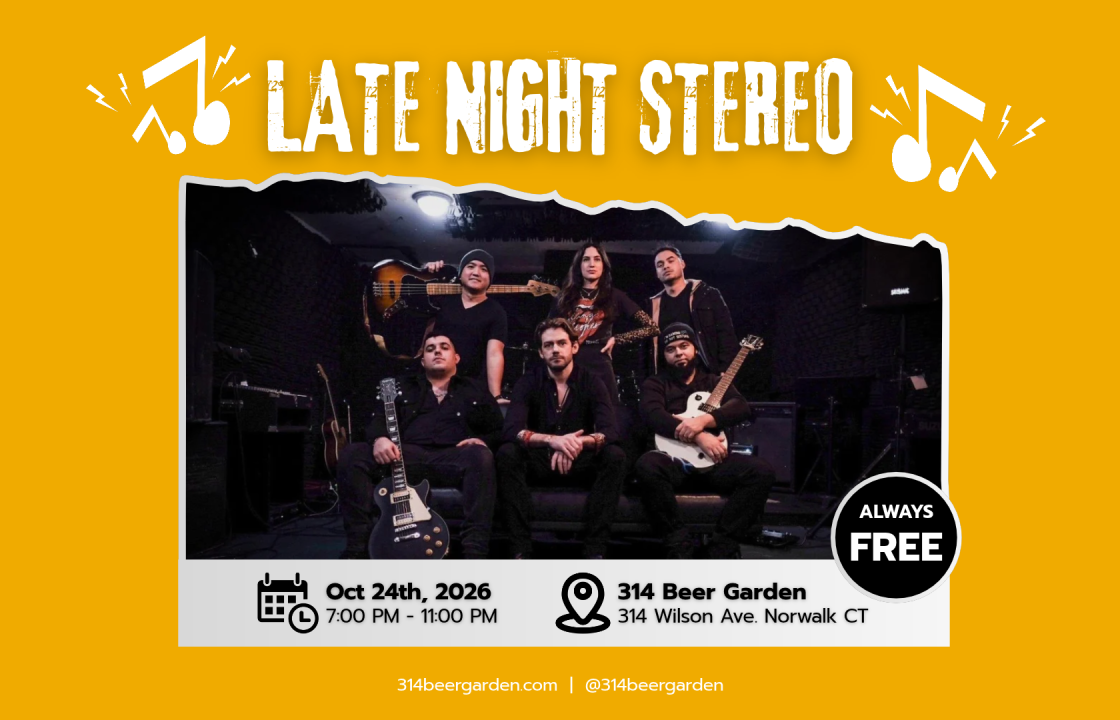 Late Night Stereo band photo for their free show at 314 Beer Garden, October 24, 2026, 7–11 PM