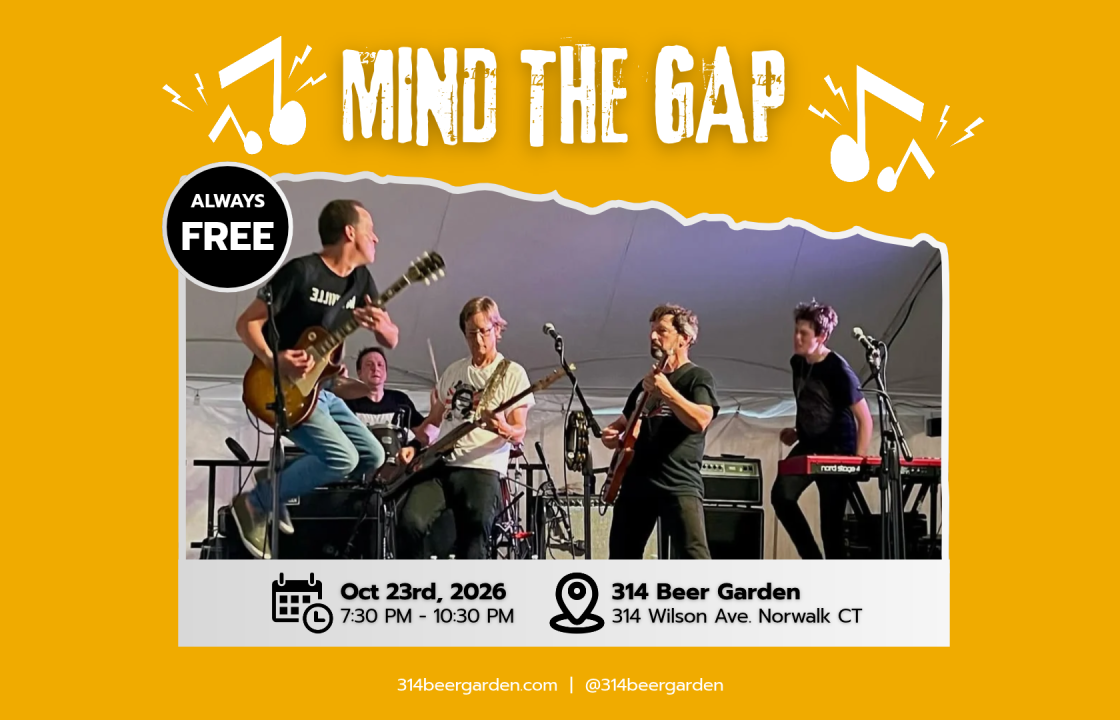 Mind the Gap band playing live at 314 Beer Garden, free show October 23, 2026, 7:30–10:30 PM
