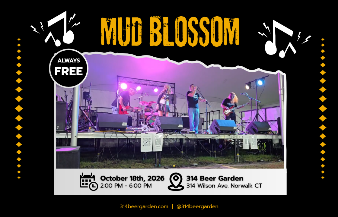 Mud Blossom live band performing on the 314 Beer Garden stage, free show October 18, 2026, 2–6 PM