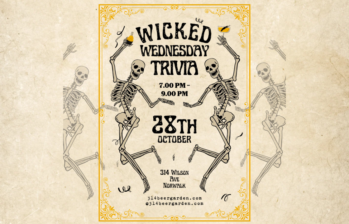 Wicked Wednesday Trivia flyer with dancing skeletons, October 28, 7–9 PM at 314 Beer Garden