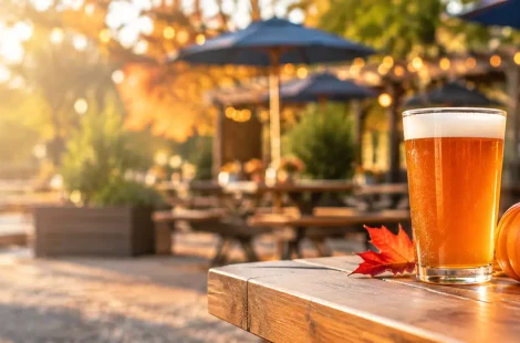 Craft beer, pumpkins, colorful fall leaves, and seasonal flowers on a patio table at an outdoor beer garden in Norwalk, Connecticut, highlighting autumn activities, dining, and local fall events.