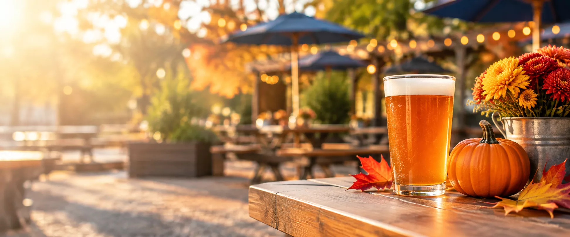 Craft beer, pumpkins, colorful fall leaves, and seasonal flowers on a patio table at an outdoor beer garden in Norwalk, Connecticut, highlighting autumn activities, dining, and local fall events.